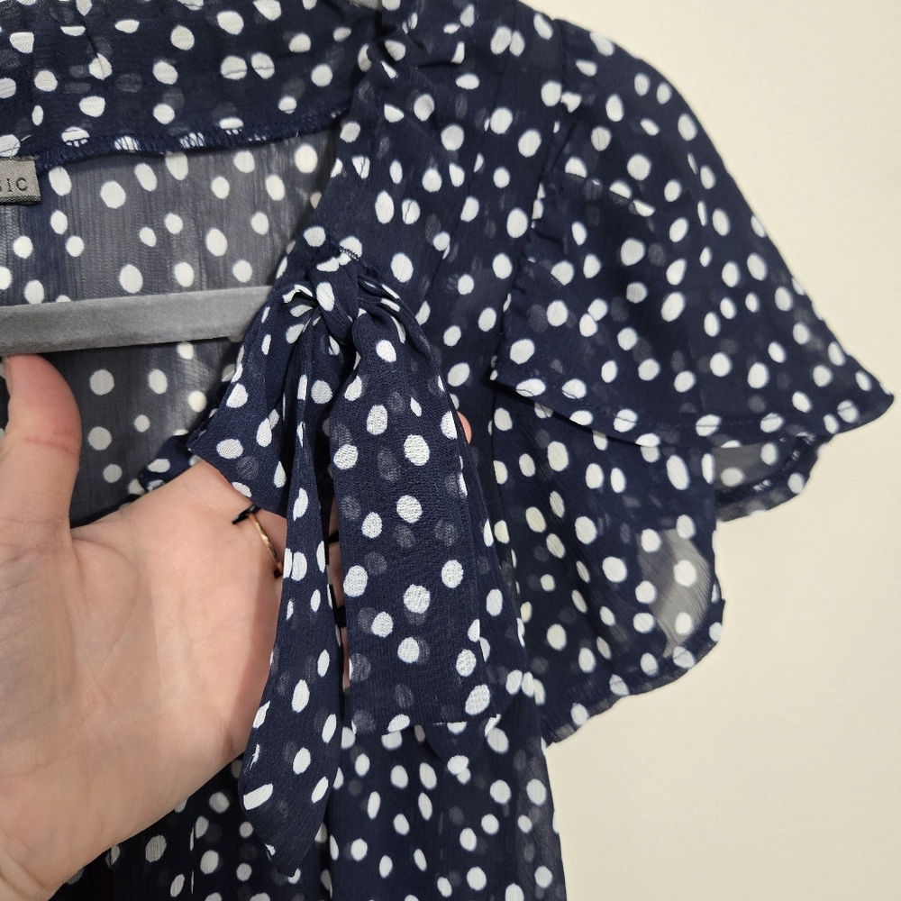 Y2K Zara Basic Dark Blue White Polka Dot Chiffon Seer Blouse S - Picture 4 of 9